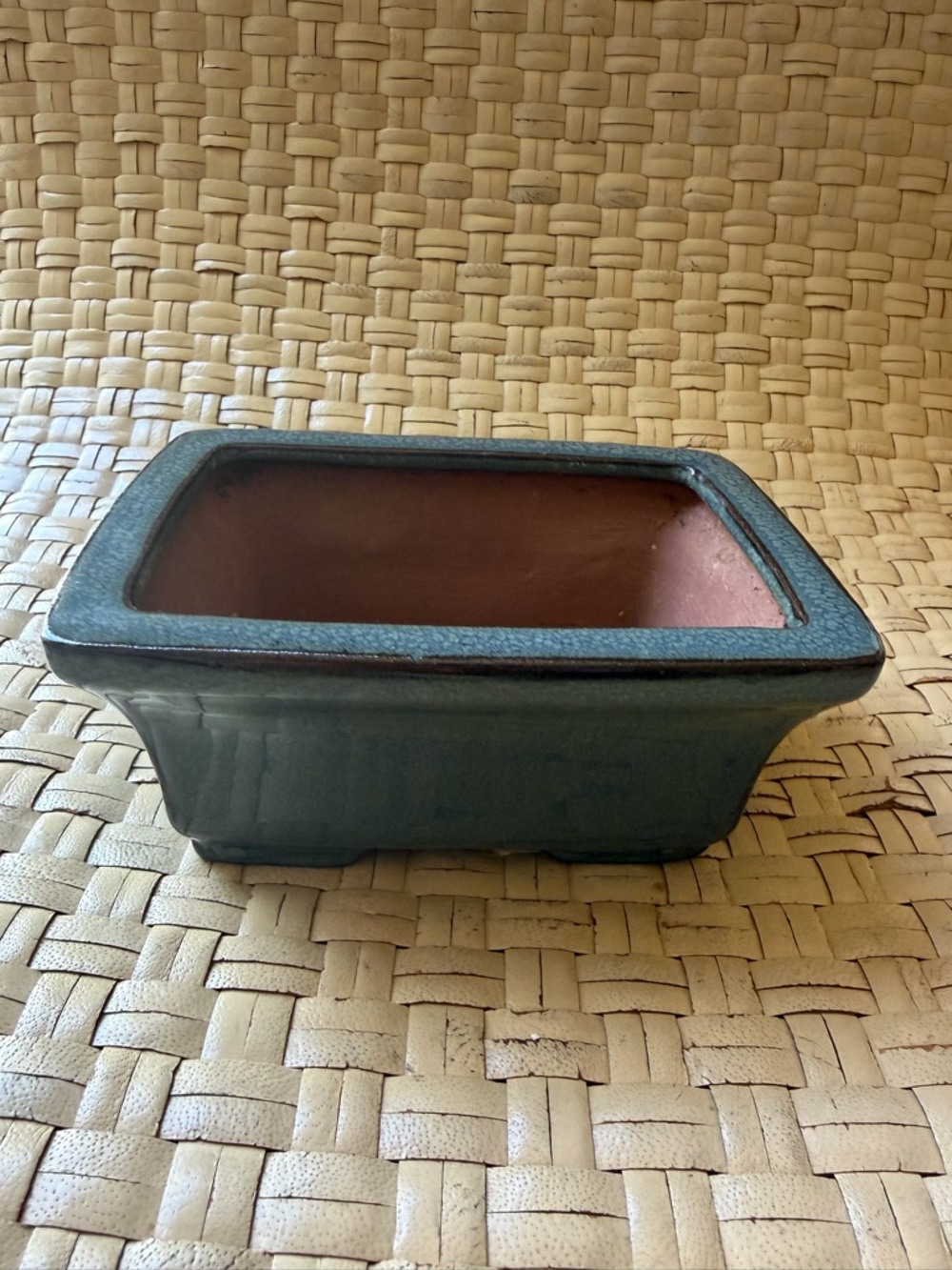 Rectangular Glazed Ceramic Planter in Teal with Terracotta Interior